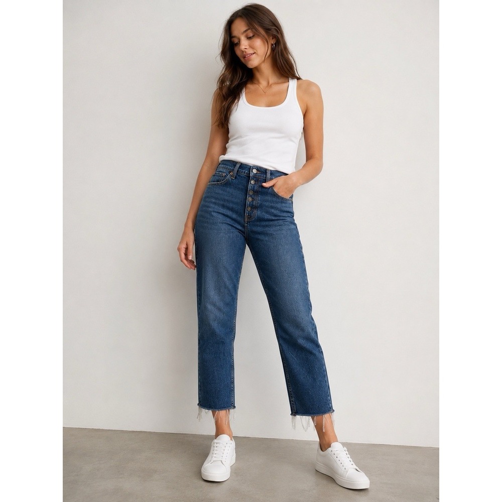 GAP Jeans Womens 26/2P  Dark Blue Cheeky Straight High Rise Button Fly Raw Hem